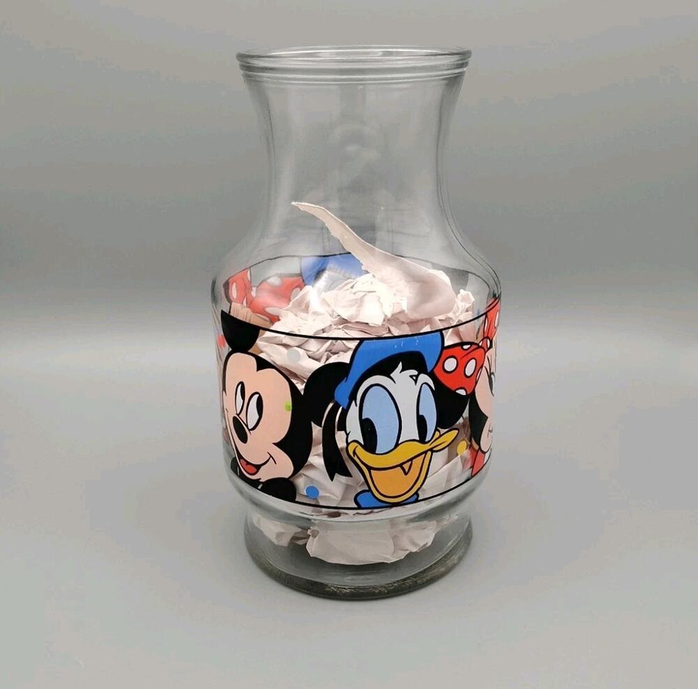 Disney Mickey Mouse Minnie Mouse Donald Duck Clear Glass Juice Jar Carafe 48 oz